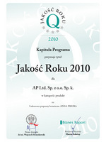  Firma AP Ltd. została laureatem nagrody Jakość Roku 2010 oraz nagrody Jakość Roku Srebro w kategorii Produkt za luksusowe preparaty botaniczne ANNA PIKURA.